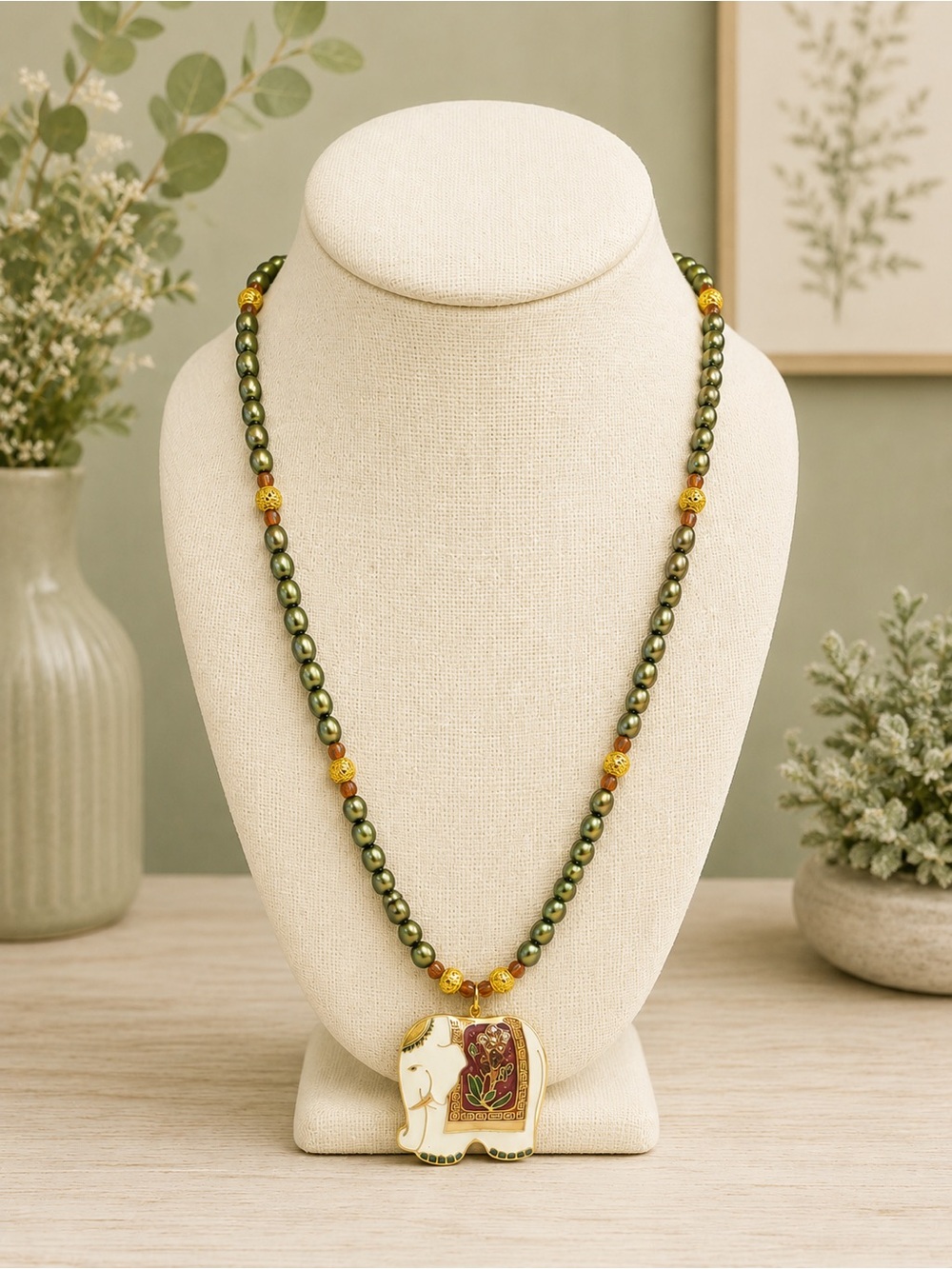 Handcrafted Vintage Cloisonné Elephant & Pearl Pendant Necklace